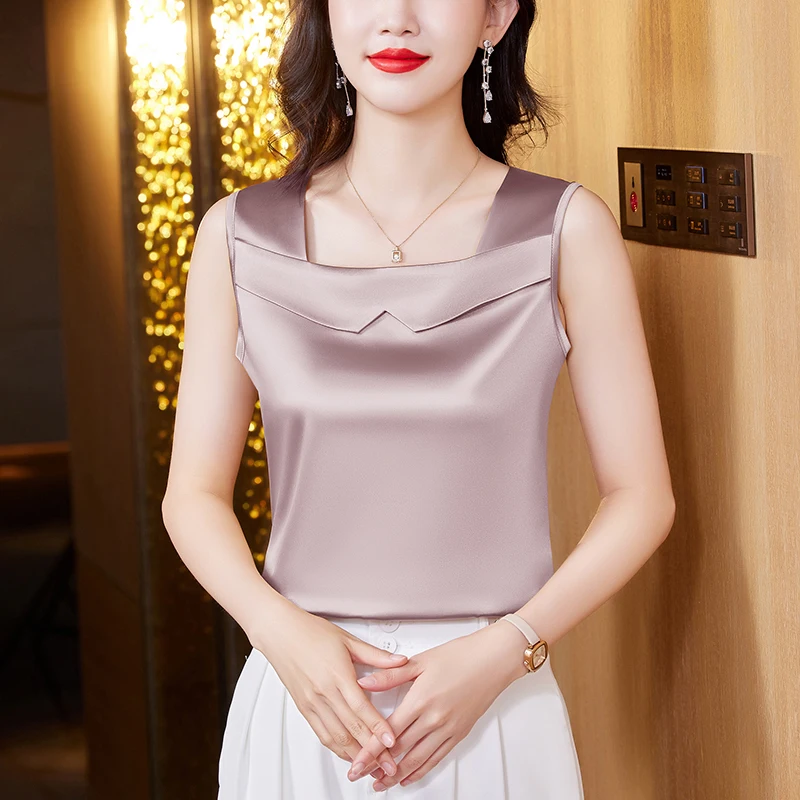 Camisola de satén, chaleco, blusa para mujer, moda de verano, ropa femenina, camisetas sin mangas con un cuello, Top con corsé, Top básico liso con corsé