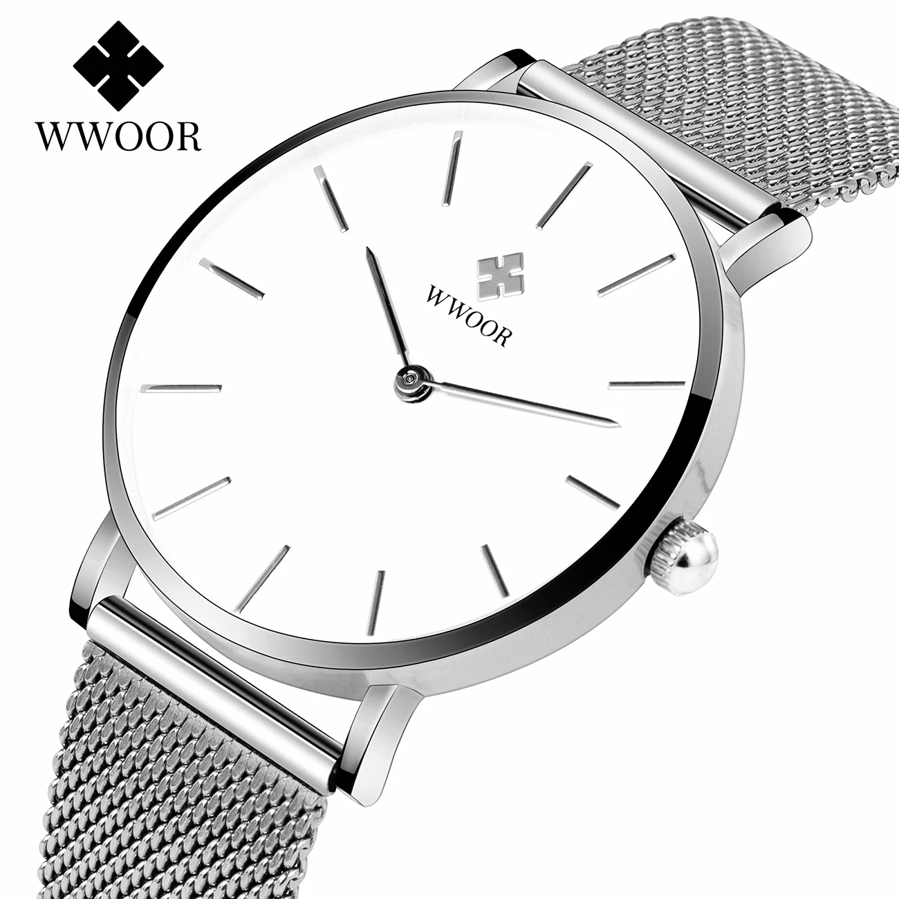 WWOOR-reloj delgado de plata para mujer, pulsera de cuarzo de acero inoxidable, resistente al agua, a la moda