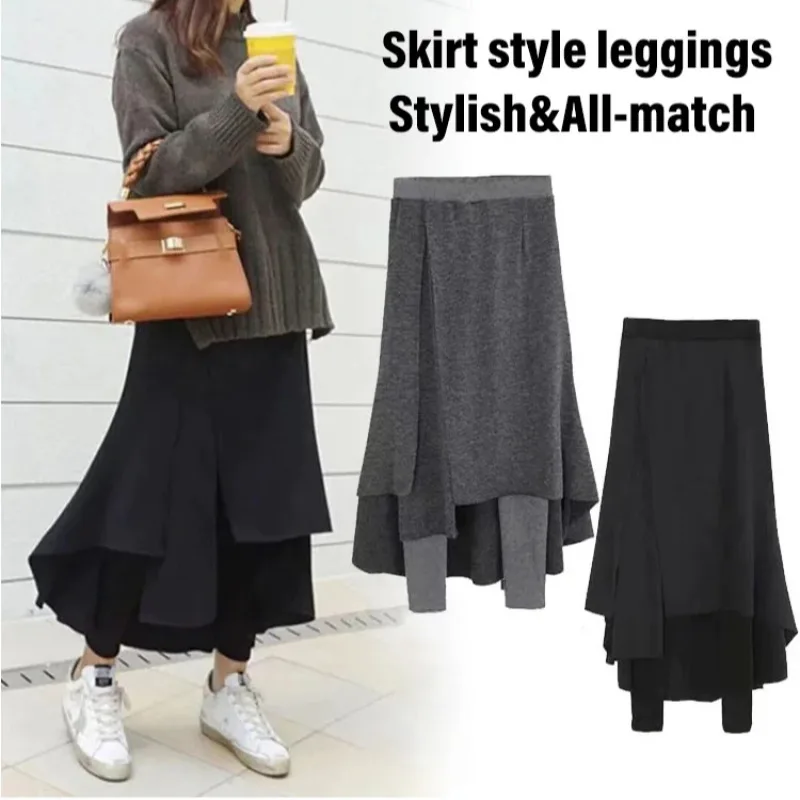 Women\'s Irregular FakeTwo-piece Leggings Skirt Thickened Warm Skirt One-piece Pant Skirt Irregular High Elastic Women\'s Culottes