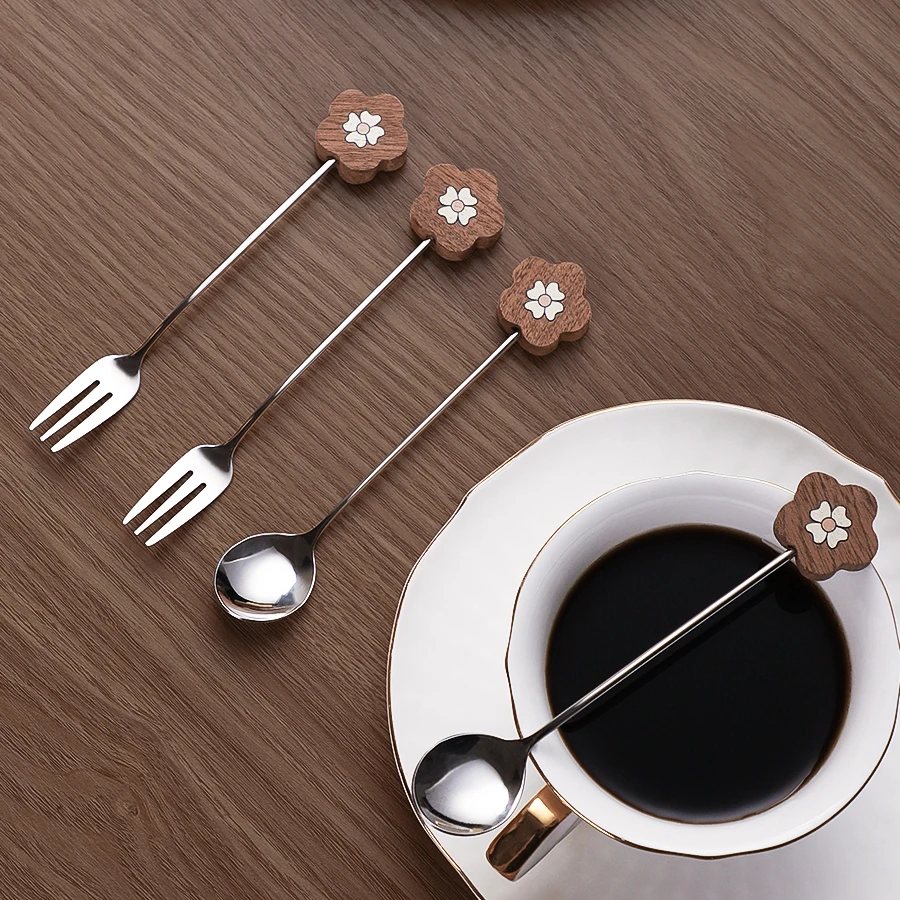 Cute Korean Table Cutlery Stainless Steel Small Snack Salad Dessert Forks For Fruit And Spoon Drink Stir Bar Stick Set Tableware