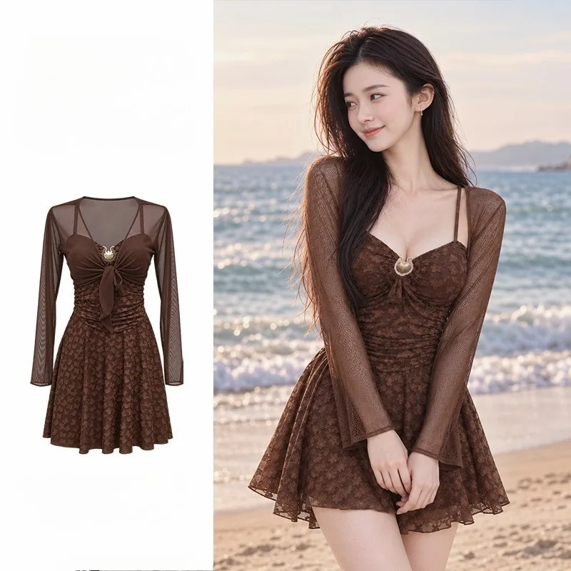 sexy coffee mini dress culottes swimsuits two pieces with long sleeve mesh cover smock top bodysuits swimwear bikinis tankini