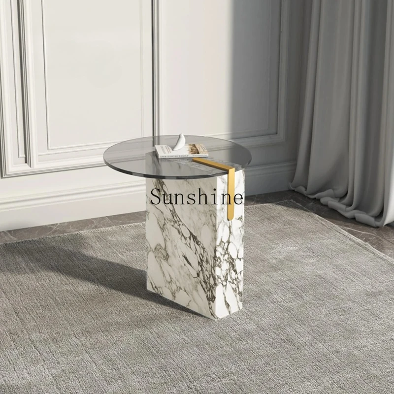 Italian light luxury gray glass sofa round marble modern simple side cabinet small coffee table