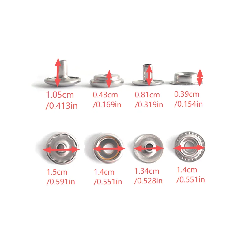 10 Sets of Four-In-One Stainless Steel Snap Button Sewing Kits, 15mm (0.59inch) Snaps, Suitable for DIY Crafts, Such as Boat Covers, Sewing Leather, Canvas, Jeans, Jackets, Bags, Clothes, Etc