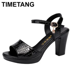 High quality summer leather sandals for women 8cm high heel new 2024 size 32 33 42 43 platform open toe elegant shoe black white