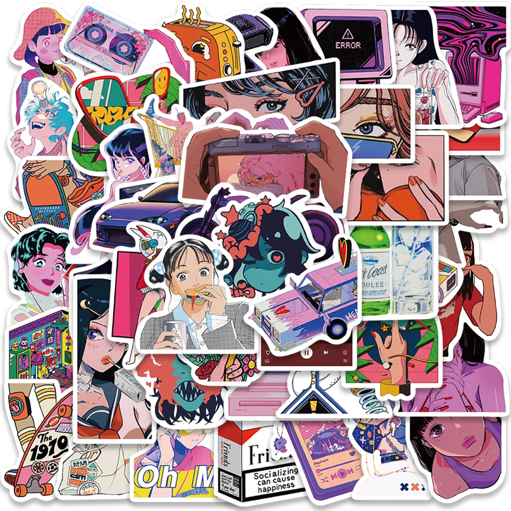 50pcs Fashion Retro City Pop Girls Cartoon Stickers For Laptop Phone Guitar Luggage Waterproof Graffiti Bicycle Car Decals