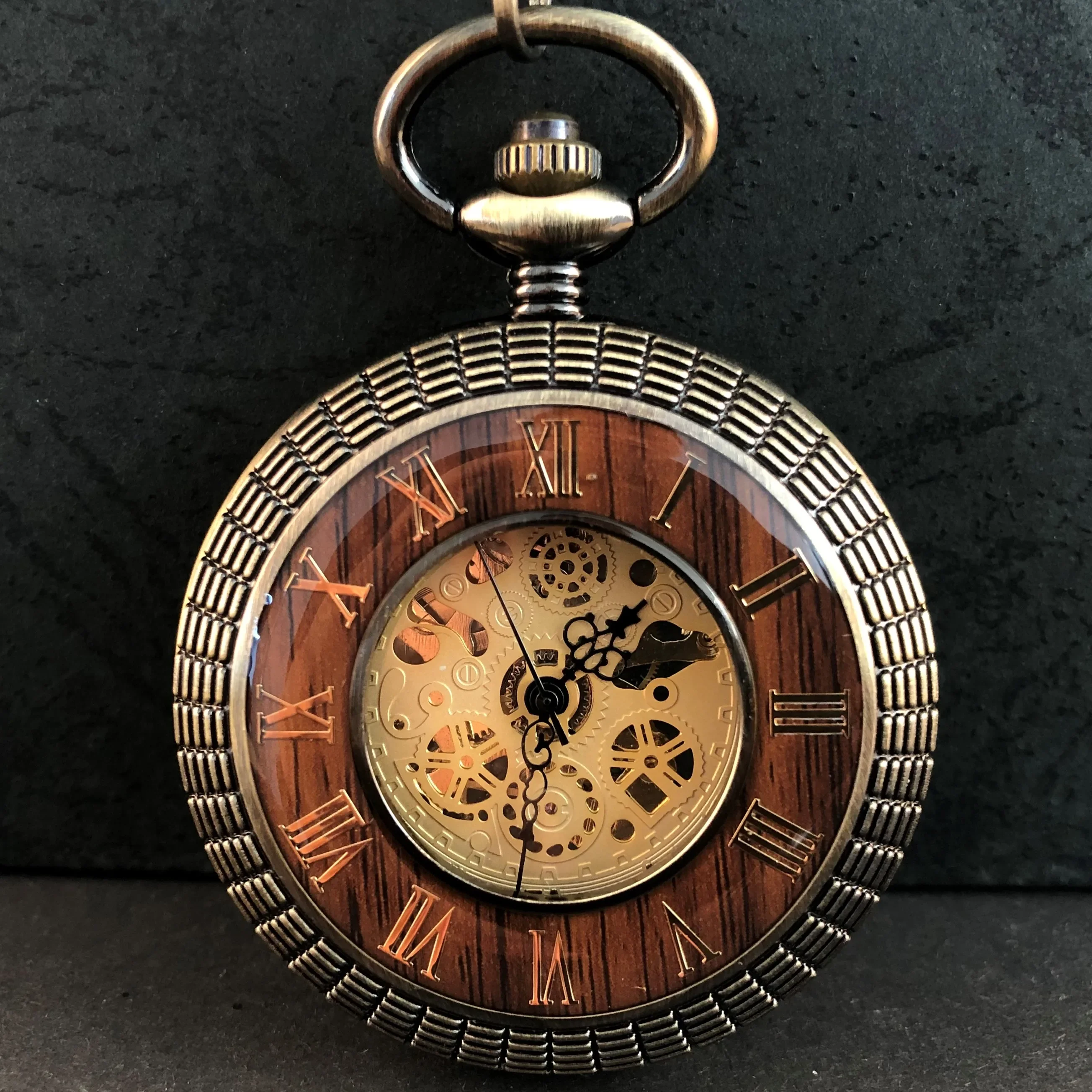 

Antique Vintage Wood Men's Mechanical Pocket Watch Personality Collection Gift Steampunk with Chain Pendant Clock