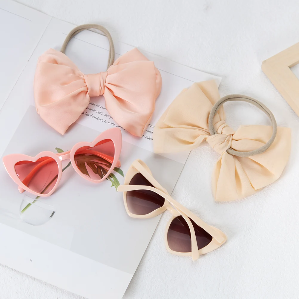 2Pcs/Set Heart Shape Baby Sunglasses with Silk Satin Hair Bow Headbands Fashion Party Gift Headwear Kids Boutique Headdress