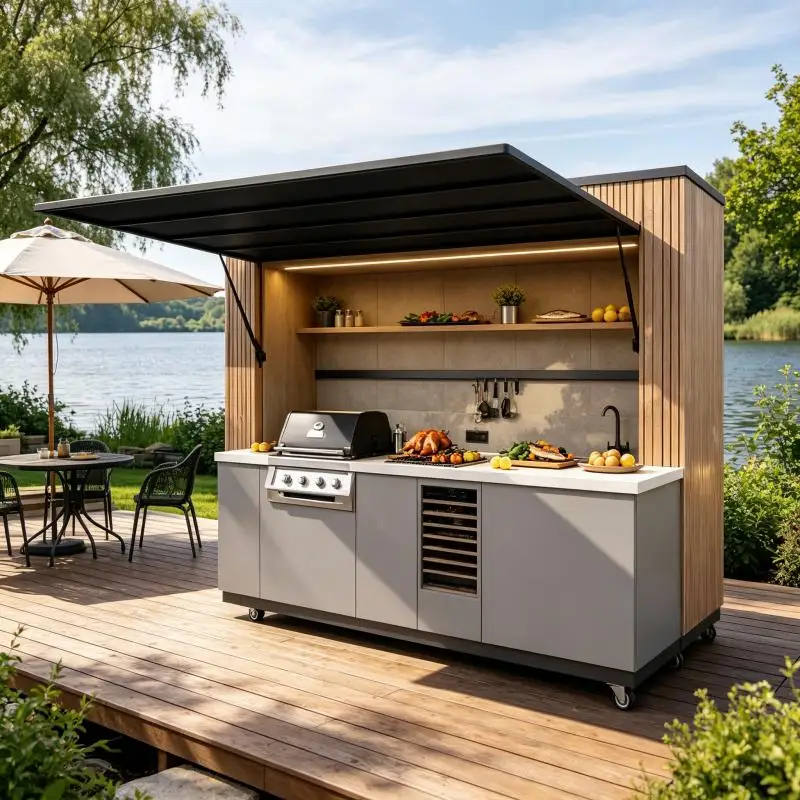 Outdoor Kitchen Integrated Outdoor Cooking Island 304 Stainless Steel Built In Grill Storage Drawers For Deck