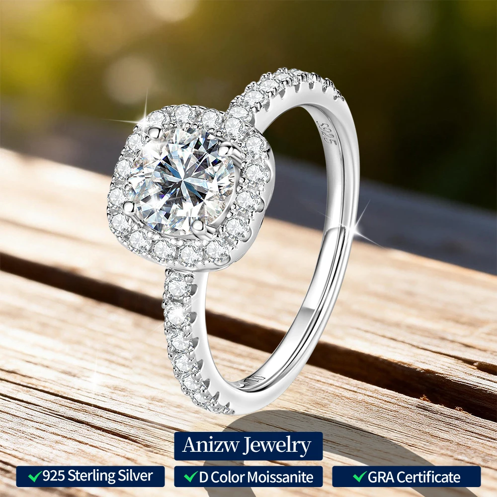 Anziw Luxury 2CT 8MM D Moissanite Wedding Engagement Ring for Women Real 925 Sliver Promise Halo Rings Jewelry Gift Certified