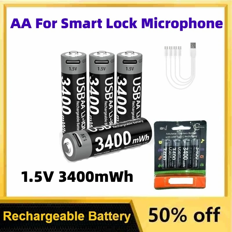 

1.5V 3400mWh AA Rechargeable Lithium Battery with USB-C Charging Cable for Smart Lock Microphone Replaceable Battery