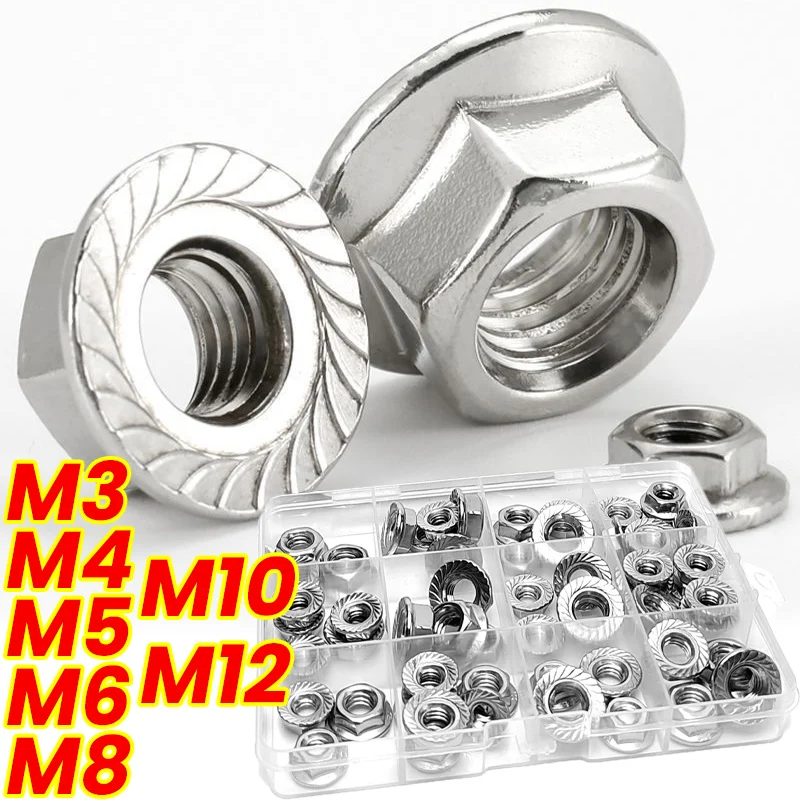 Porca de bloqueio de flange porca de aço inoxidável cabeça hexagonal serrilhada spinlock aperto porcas de bloqueio ferragem m3 m4 m5 m6 m8 m10 m12