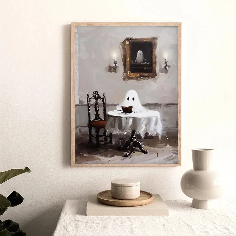 Vintage  Academia Halloween Cute Ghost Eat Pizza Posters and Prints Canvas Printing Wall Art Picture for Living Room Room Decor