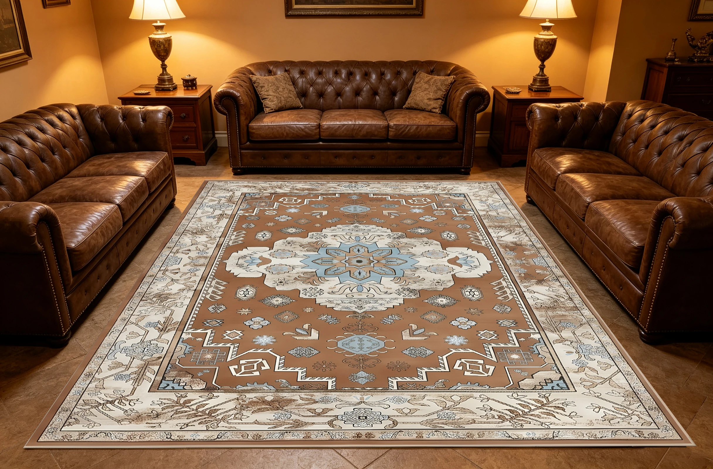 Brown‑Base Vintage Palace‑Style Area Rug, Gorgeous Central Floral Pattern, for Autumn Winter Home Refresh, Decor for Living Room and Study