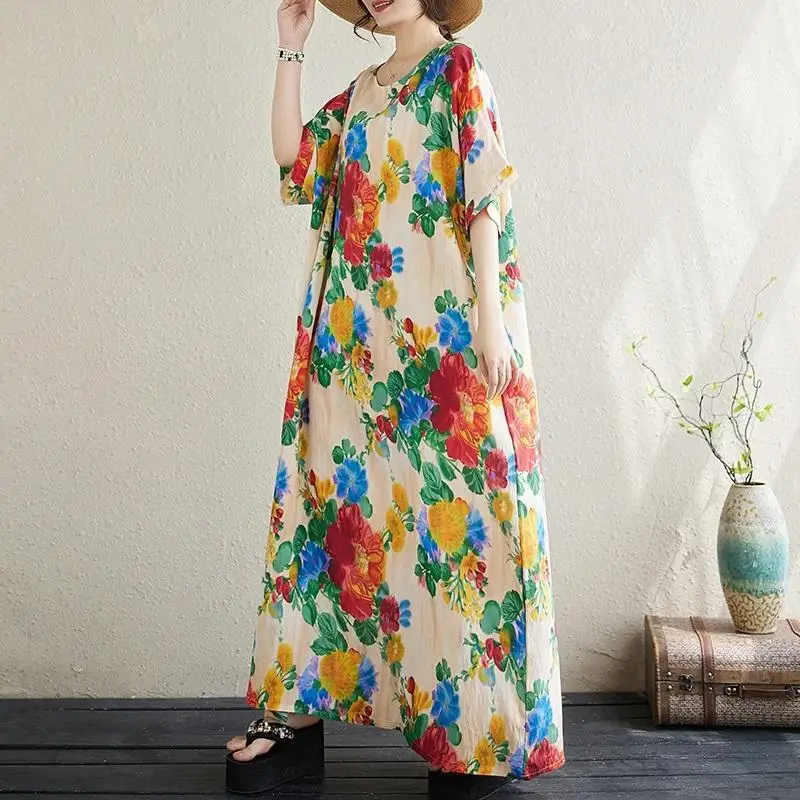 Short Sleeve Plus Size Vintage Floral Loose Midi Long Pleated Dresses Women Casual Maxi Summer Dress Ladies Boho Vestidos Beach
