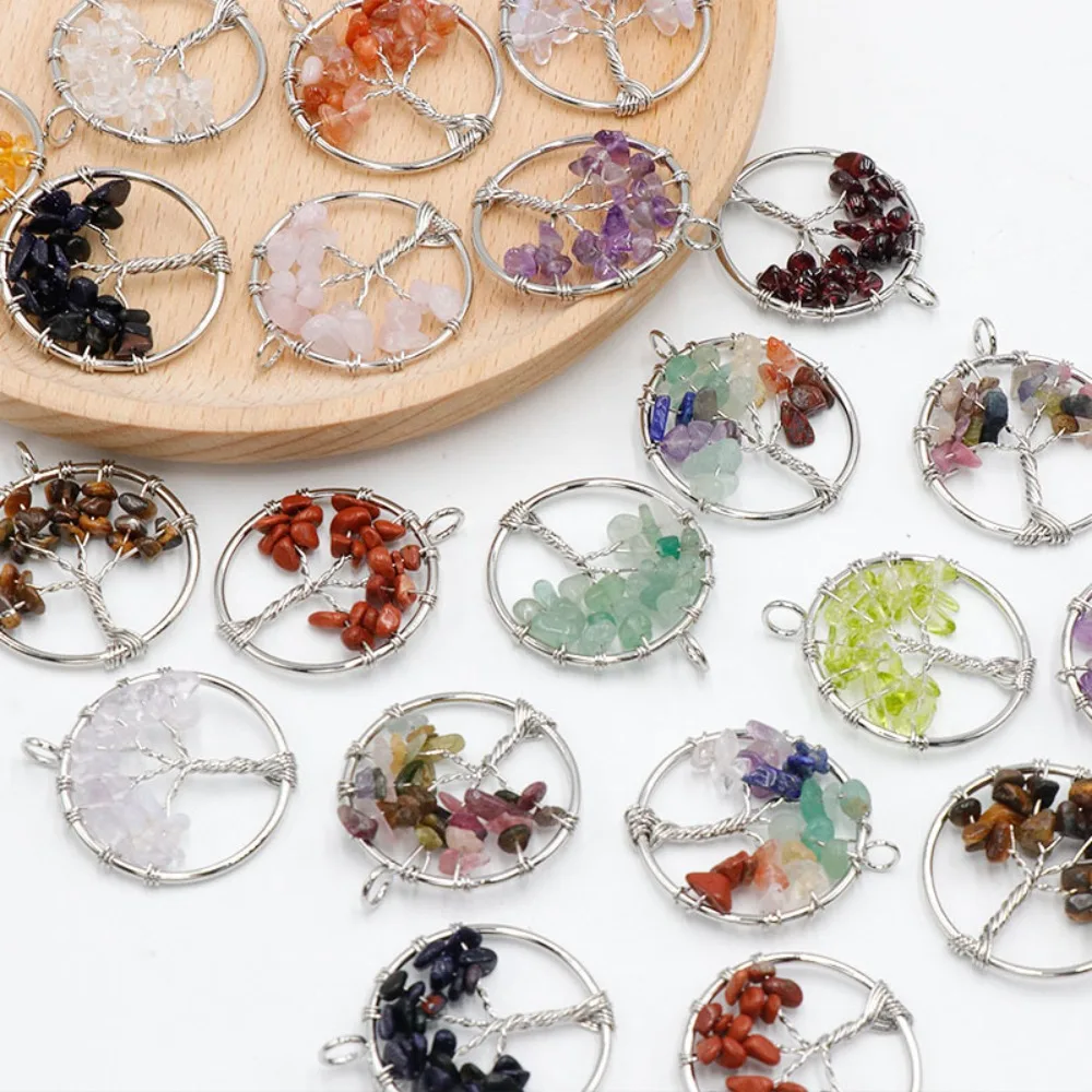 

Tree of Life Natural Chip Stone Pendants, Wire Wrapped Healing Crystal Charms for Jewelry Making
