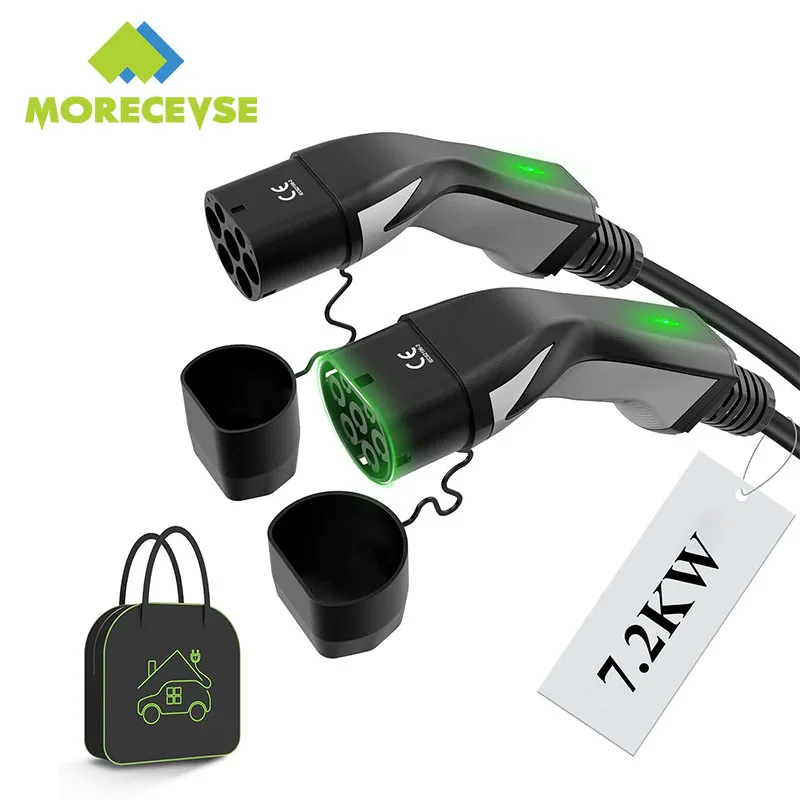 MOREC Type 2 EV Charging Cable 7.2kW 32A 5/7 Meters 1Phase with Indicator Lights Portable Bag for All Electric Vehicles