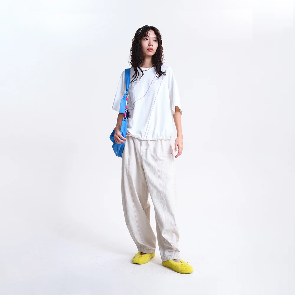 MOVEUP Short-Sleeve Crew Neck T-Shirt 2026 Spring New Cartoon Embroidery Drop Shoulder Sleeve Loose Casual Women's Top 3ELC10508