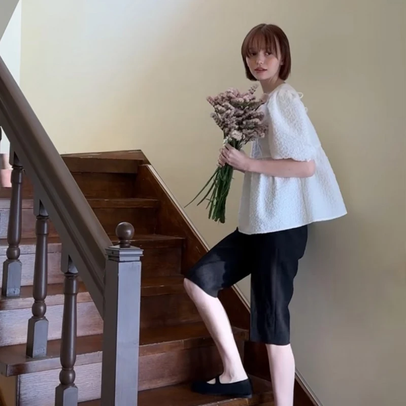 MICOAT Summer 25 Round Ne Bubble Sve Texture irt เสื้อผ้าผู้หญิงหวาน Sle ort Sve Casual Faion Top