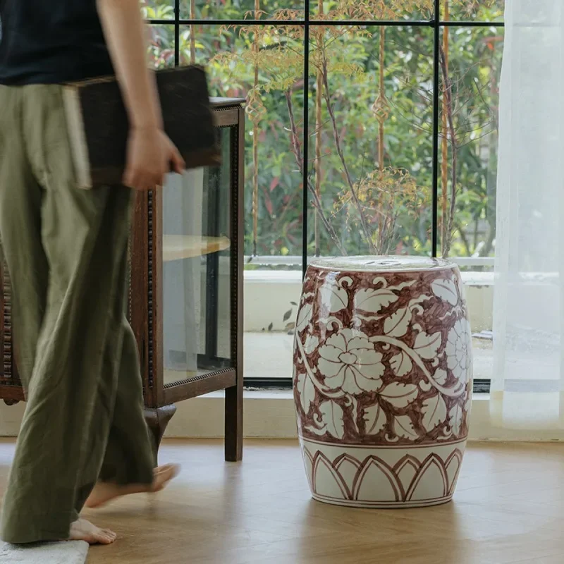 Hand Drawn Drum Stool Hand-painted Ceramic French Chinese Style Sitting Room Changing Shoes Seat Puffs Ottoman Footrest Dresser