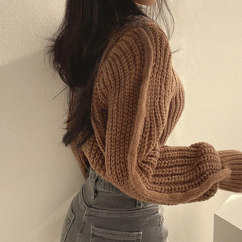 Rimcoy Korean Fashion Cropped Sweater Women 2024 New Round Neck Knitted Jumper Woman Soft Solid Color Long Sleeve Pullover Mujer