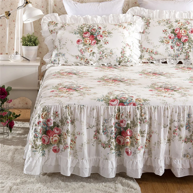 

Flowers Printing Princess Bedding Bedspread on the Bed Lace Ruffle Mattress Cover 100% Cotton Bedclothes Bed Skirt Pillowcases