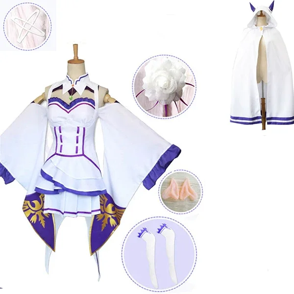 Re Zero Kara Hajimeru Isekai Seikatsu Emilia disfraces de Cosplay para mujer, peluca de Anime, vestido, tocado, conjunto completo, ropa de fiesta de Halloween