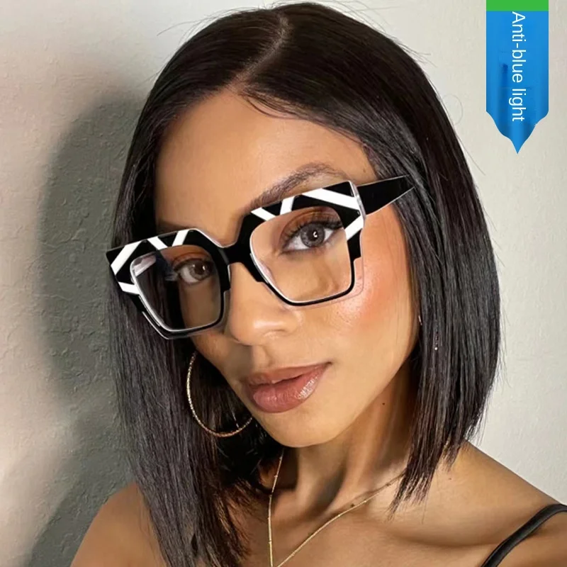 

13135 European and American Trend Cat Eye Large Frame Plain Glasses Glasses Frame Fashion Colorblock Anti-Blue Light Glasses