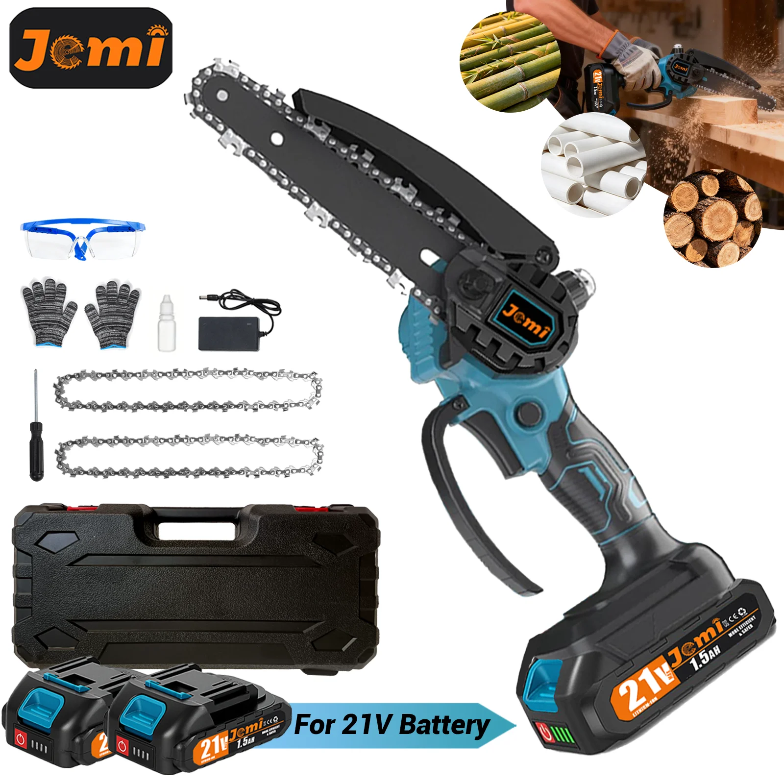 Jemi Tool 6 Zoll Akku-Elektrosäge mit Automatischer Ölschmierung Handgeführte Garten-Kettensäge Holzschneidewerkzeug