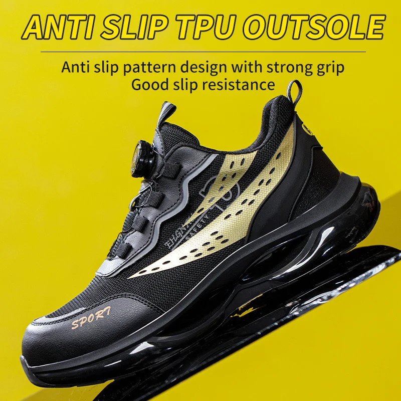 أحذية أمان للرجال من الصلب عند أصابع القدم، مضادة للثقب ومضادة للتحطيم وغير قابلة للانزلاق، أحذية عمل صناعية خفيفة الوزن قابلة للتنفس بأزرار دوارة