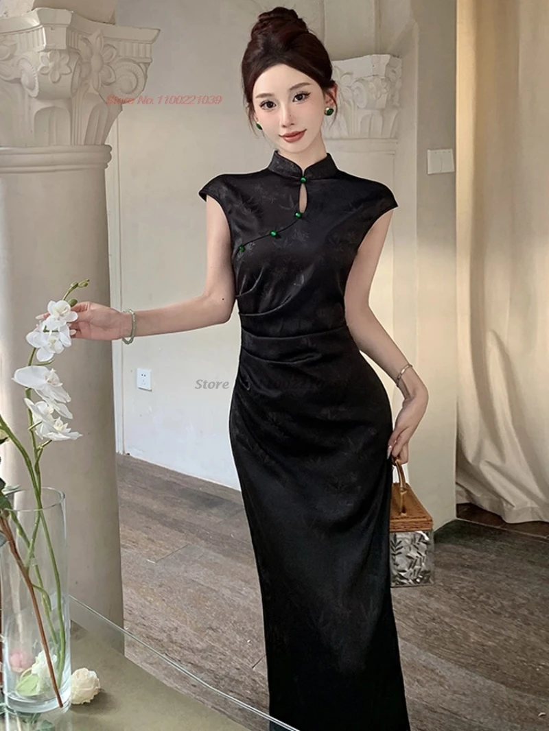 

2026 oriental sexy nightclub dress improved cheongsam traditional satin jacquard sleeveless qipao dress retro bodycon dress