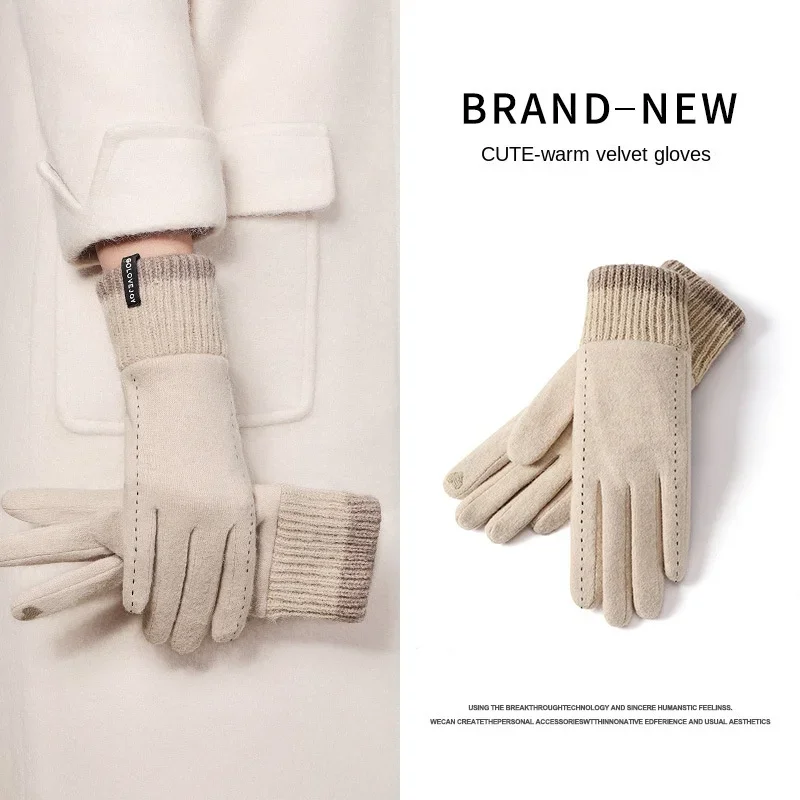 

New winter cashmere gloves ladies outdoor cycling windproof and velvet warm touch-screen knitted gloves