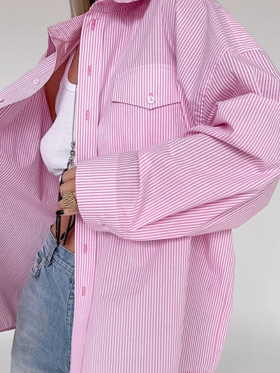 Bornladies Women\'s Fashion Versatile Striped Pink Casual Shirt Loose Niche Top Office Lady Shirt jacket  Long sleeved Cardigan