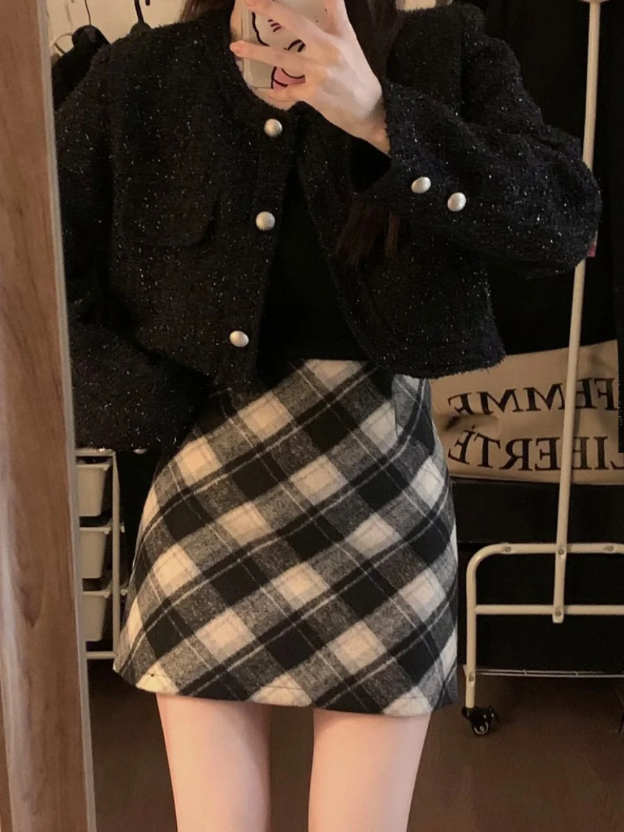 الرجعية منقوشة الصوفية تنورة المرأة عالية الخصر ألف خط ort تنورة الكورية Sle حجم كبير التخسيس تنورة الخريف وصول جديد #4