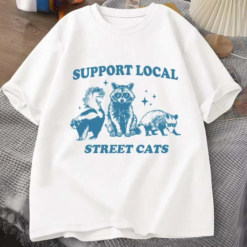 Support Your Local Street Cats Retro T Shirt Funny Raccoon T-Shirt Streetwear Animal Cat Lover Graphic T Shirts Women Clothing