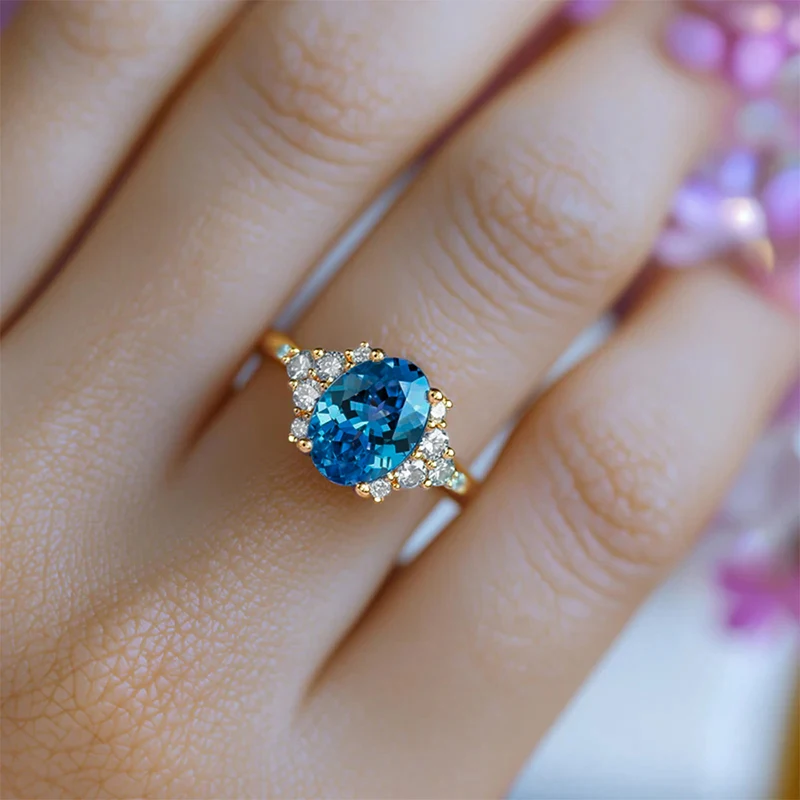 Huitan Eleganter Damenring für Hochzeit, Verlobung, luxuriös, mit hellblauem CZ-Stein, Party-Accessoires, zarter Damenschmuck, Geschenk – Detail 15