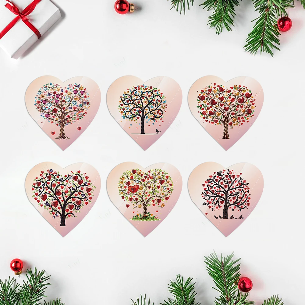 6 Pcs Diamond New Year Greeting Card Heart Tree Special Shape Diamond Painting Birthday Thank You Cards Kits Heart Sea Christmas