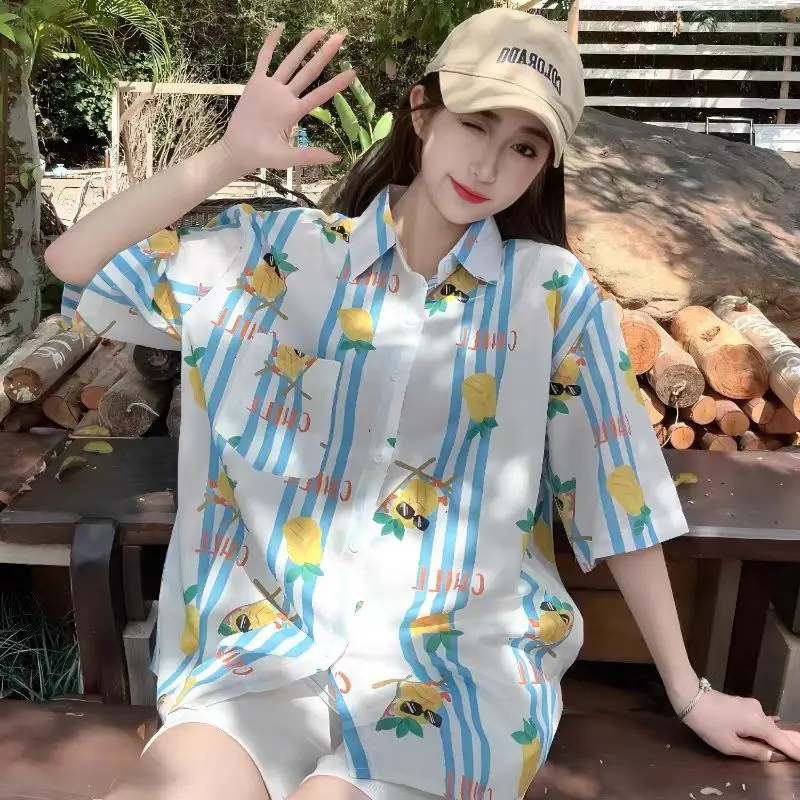 

Striped Pineapple Full Print Graphic Shirts Men's 2025 Summer Hawaii Loose Short Sleeve Button Up Shirt Women Casual Blouse Tops