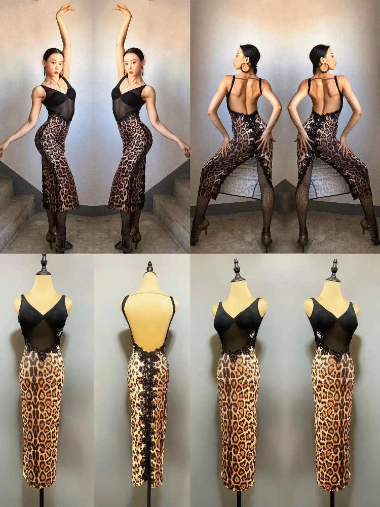 

MZDance Women's Latin Dance Dress, Leopard Print Slim Fit Backless with Lace Trim for Rumba Cha Cha Salsa Training Performance