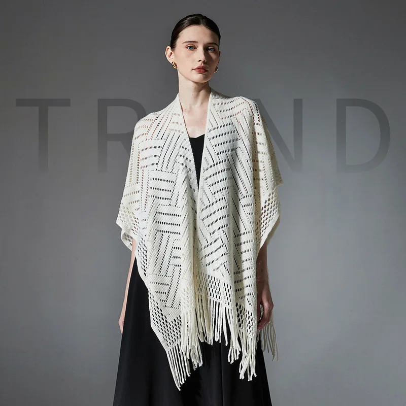New autumn collection: European American style women's solid-color, thin, knitted, and openwork shawl with tassels