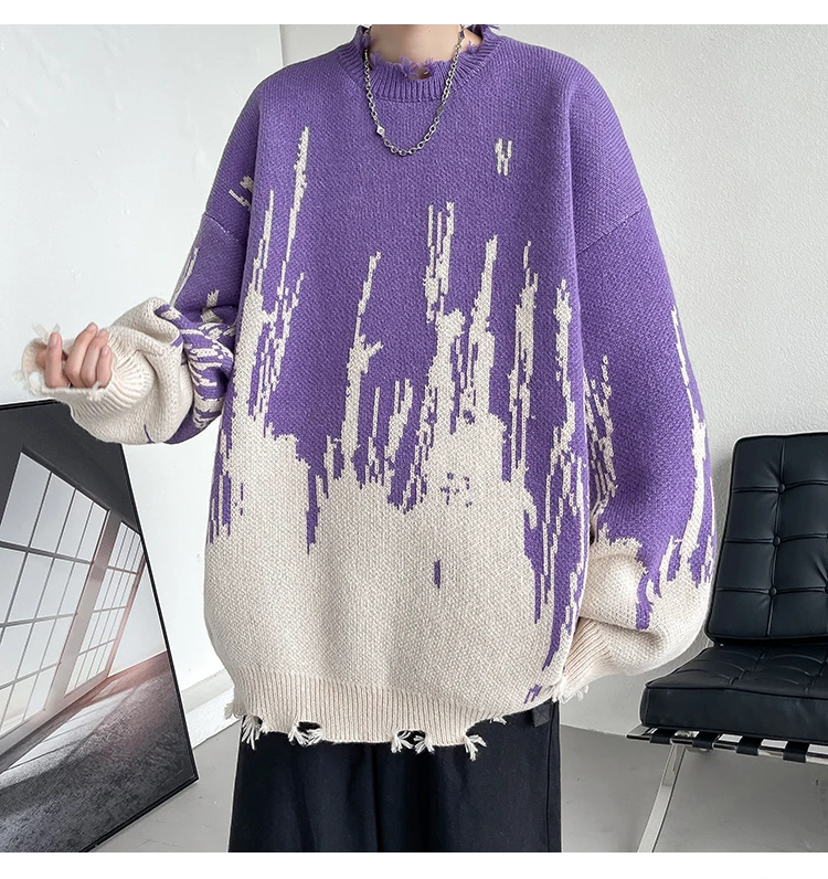 Purple sweater man Ripped Punk Knitted Sweaters Men Oversized Harajuku Streetwear Sweaters Winter Couples Fashion Knit Pullovers