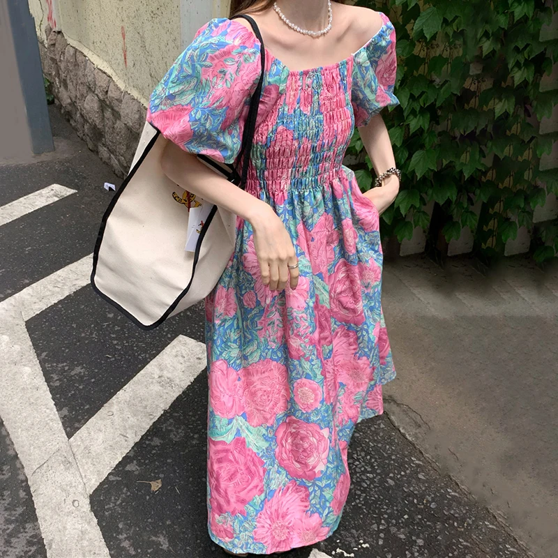 

Floral Print Long Dress Women Elegant Square Collar Puff Sleeves Pleated Dresses