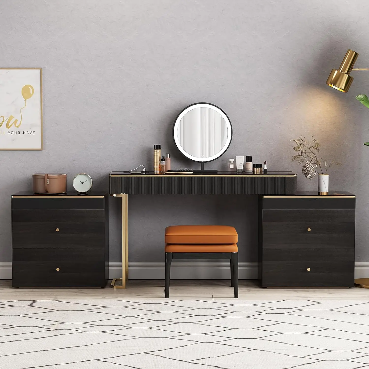 Makeup Vanity with Stool, Very Easy to Assemble,Retractable TV Cabinet Combination, Dressing Table Desk in one, Super Storage