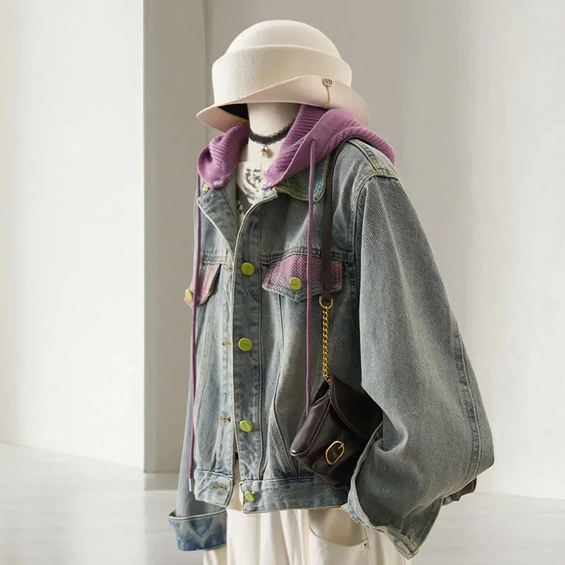 

Spring Autumn Ladies Color Blocking Denim Jacket Korean Female Long Sleeves Jeans Outwear Women Fashion Hooded Short Cowboy Coat