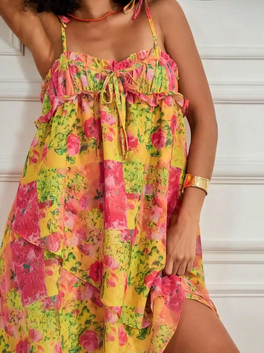 

Women Summer Floral Boho Mini Dress Spaghetti Strap Tie Shoulder Ruffle Babydoll Party Dress