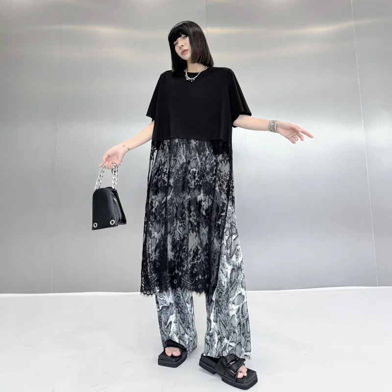 Tannt femmes robe mode dentelle Patchwork irrégulière t-shirt robes asymétrie noir décontracté longue été t-shirt robes pour les femmes