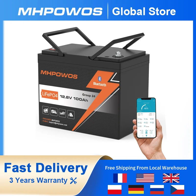 

MHPOWOS LiFePO4 12V 100Ah Battery With BMS 15000 Cycles For RV/ Vans/ Camping/ Fishing/ Off Grid /Boat / Solar System