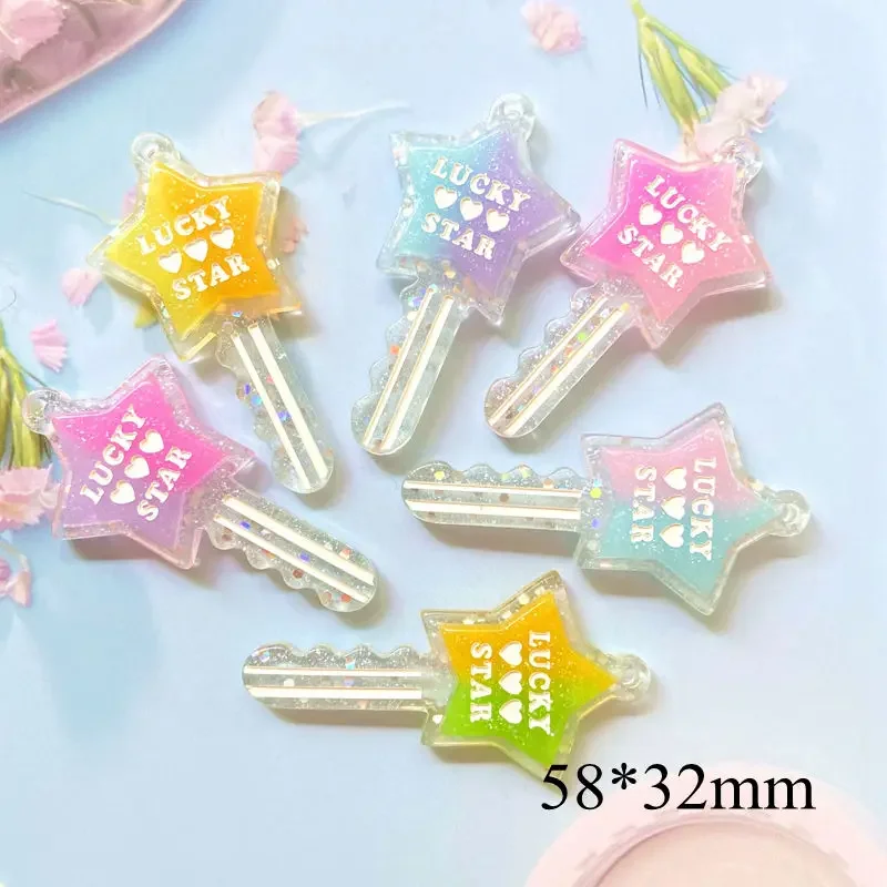 6Pcs Paired Lucky Star Gradient Colorful Pretty Girl Heart I Love You Lock Key Resin Charm for DIY Craft Keychain Accessory