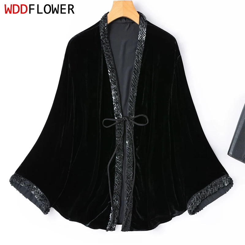 100% Mulberry Silk Lining Velvet Silk Women Cardigan Black Color Beaded Trim Long Sleeve Coat Top Blouse Autumn M1793