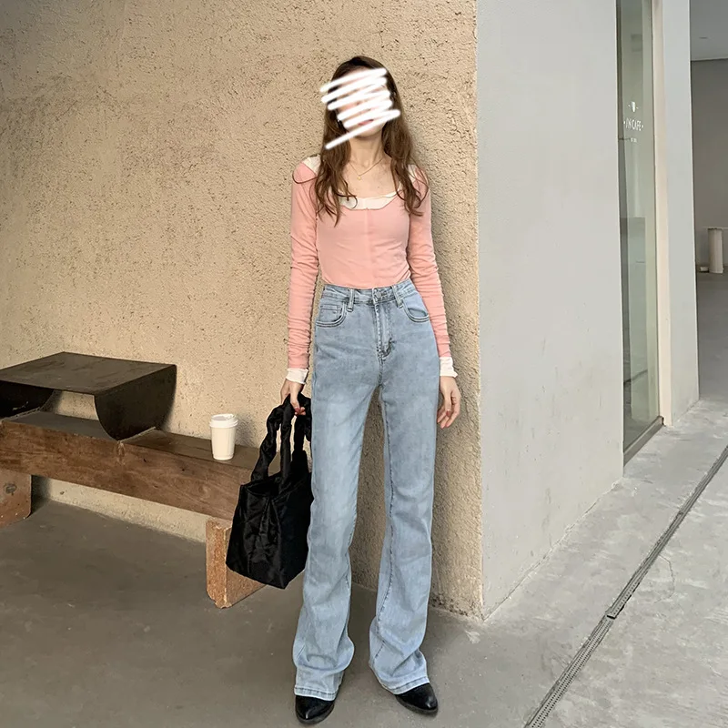 

Джинсы-клеш для женщин на весну-осень 2025 года с высокой талией, прямым кроем и укороченной длиной