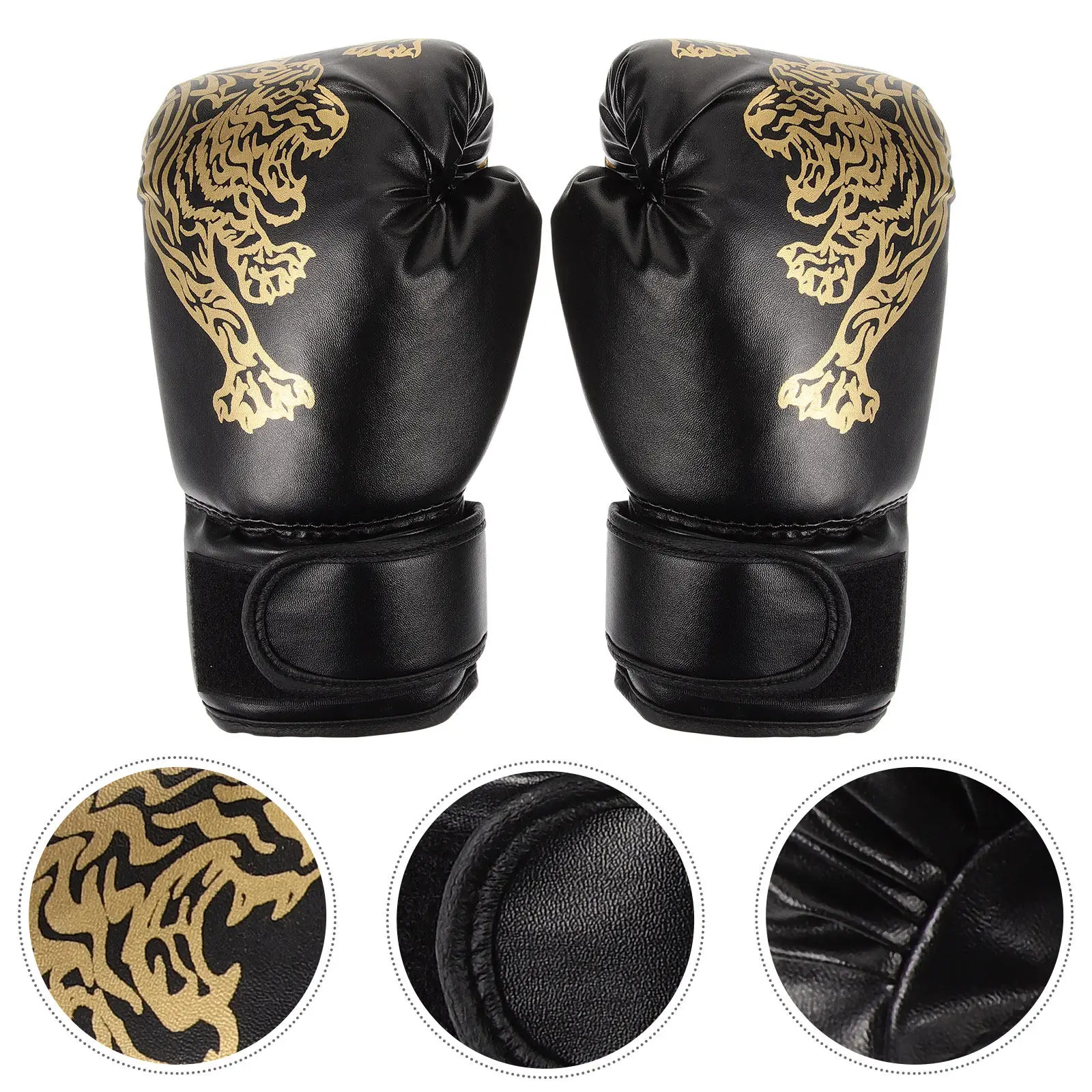 1Pair Gloves Breathable Lightweight Adjustable Wrist Strap PU Sparring Fighting Black